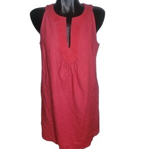 Red linen blend embroidered neckline halter dress